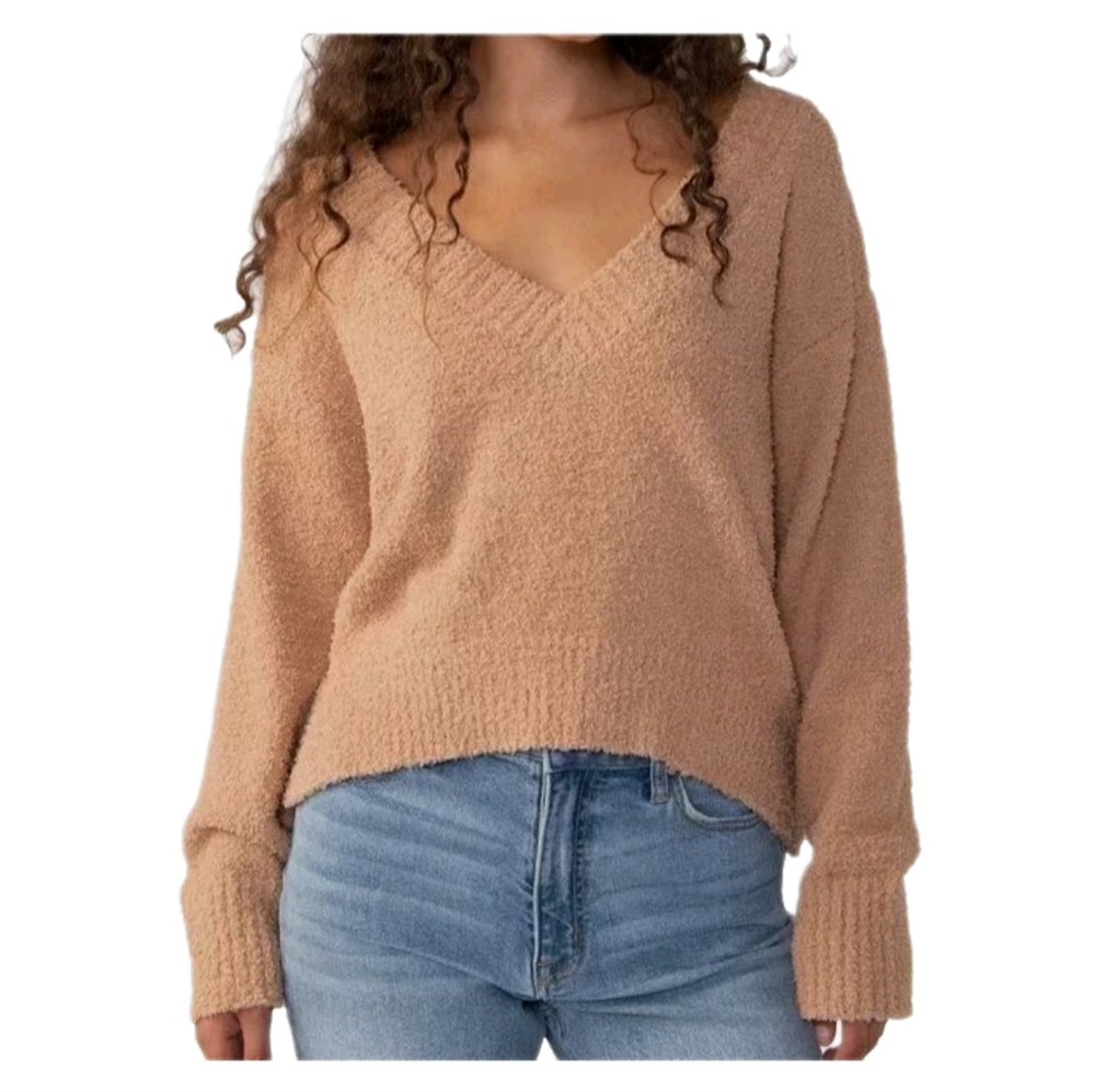 Sanctuary Tan Brown V-Neck Knitted Long Sleeve Oversized Sweater Size S NWT